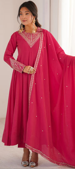 Pink and Majenta color Salwar Kameez in Roman, Shimmer fabric with Embroidered work