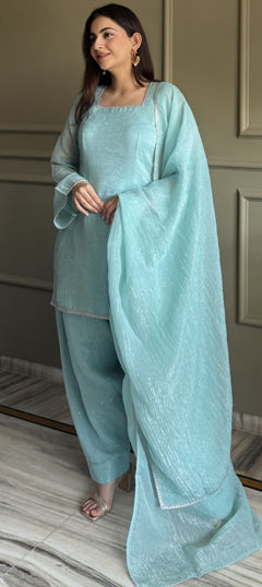 Blue color Salwar Kameez in Crushed Silk fabric with Lace, Swarovski work