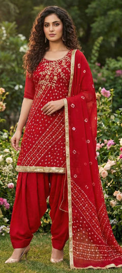 Red and Maroon color Salwar Kameez in Cotton fabric with Bandhej, Printed, Sequence work