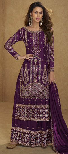 Purple and Violet color Salwar Kameez in Chinon Silk fabric with Embroidered work