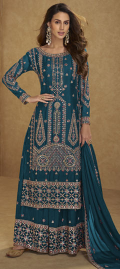 Blue color Salwar Kameez in Chinon Silk fabric with Embroidered work
