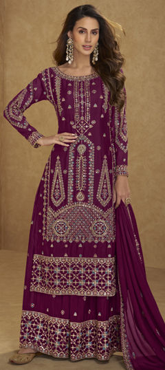 Red and Maroon color Salwar Kameez in Chinon Silk fabric with Embroidered work