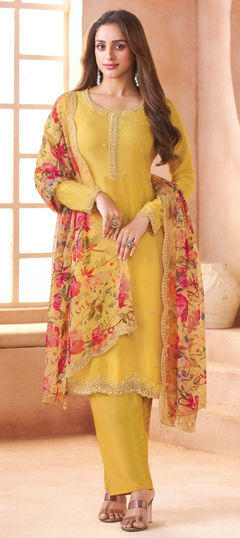 Yellow color Salwar Kameez in Chiffon fabric with Bugle Beads, Sequence work