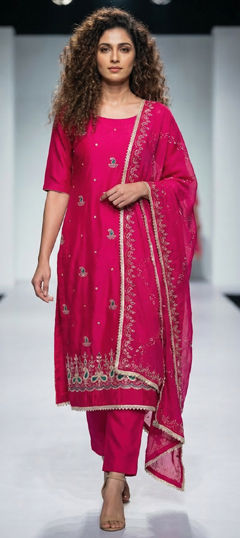 Pink and Majenta color Salwar Kameez in Silk cotton fabric with Embroidered, Lace, Sequence, Thread work