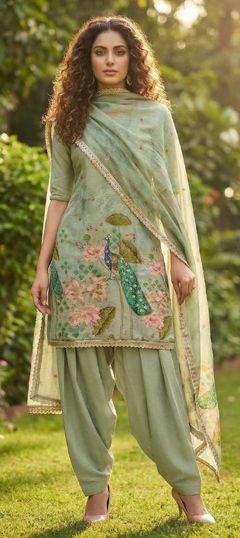 Green color Salwar Kameez in Silk cotton fabric with Bugle Beads, Digital Print, Lace, Sequence work