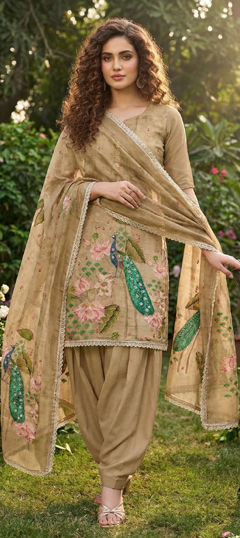 Beige and Brown color Salwar Kameez in Silk cotton fabric with Bugle Beads, Digital Print, Lace, Sequence work