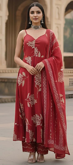 Red and Maroon color Salwar Kameez in Cotton fabric with Floral, Printed work