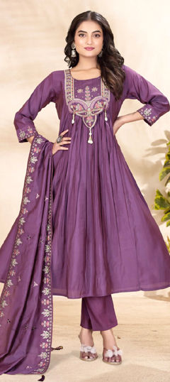 Purple and Violet color Salwar Kameez in Roman Silk fabric with Embroidered, Sequence, Thread work