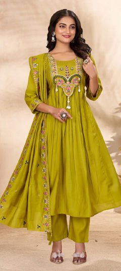 Green color Salwar Kameez in Roman Silk fabric with Embroidered, Sequence, Thread work