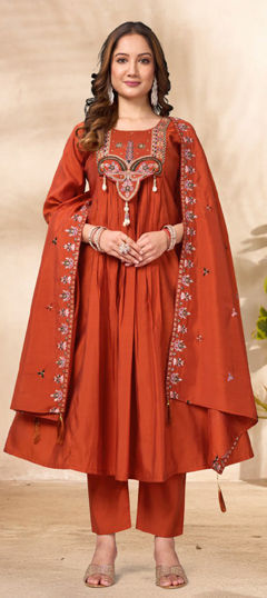 Orange color Salwar Kameez in Roman Silk fabric with Embroidered, Sequence, Thread work