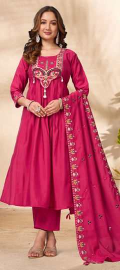 Pink and Majenta color Salwar Kameez in Roman Silk fabric with Embroidered, Sequence, Thread work