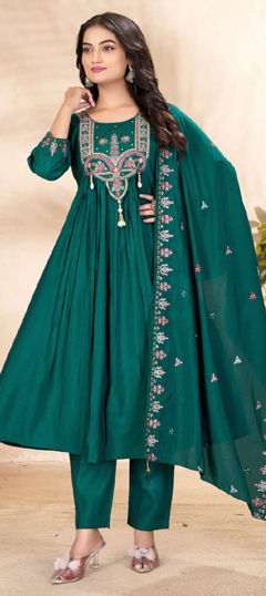 Blue color Salwar Kameez in Roman Silk fabric with Embroidered, Sequence, Thread work