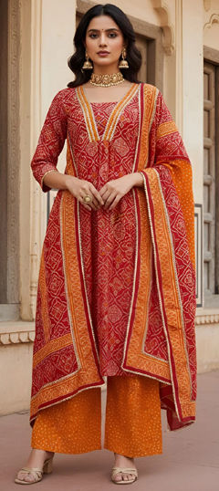 Red and Maroon color Salwar Kameez in Cotton fabric with Printed work