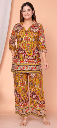 Yellow color Salwar Kameez in Rayon fabric with Digital Print work