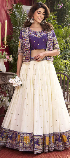 Purple and Violet, White and Off White color Ready to Wear Lehenga in Polyester Silk fabric with Border, Embroidered, Thread work