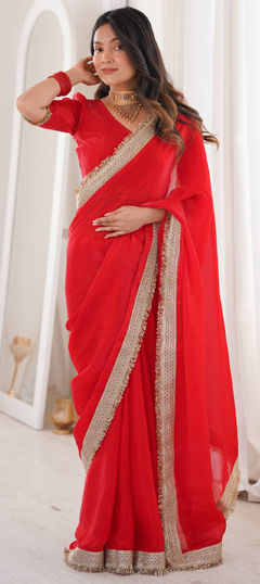 Red and Maroon color Saree in Satin Silk, Tissue fabric with Border work