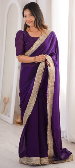 Purple and Violet color Saree in Satin Silk, Tissue fabric with Border work