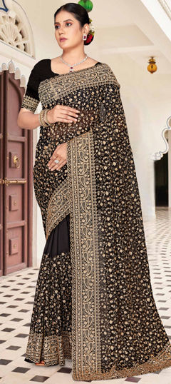 Black and Grey color Saree in Georgette fabric with Embroidered, Zari, Zircon work