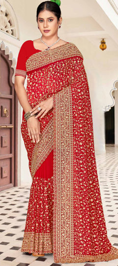 Red and Maroon color Saree in Georgette fabric with Embroidered, Zari, Zircon work