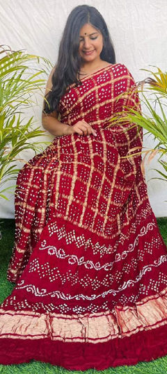 Red and Maroon color Saree in Silk fabric with Bandhej, Printed work