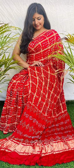Red and Maroon color Saree in Silk fabric with Bandhej, Printed work
