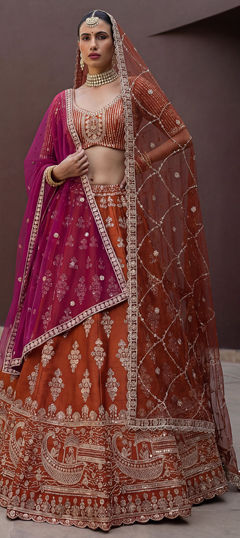 Orange color Lehenga in Silk fabric with Embroidered, Sequence work