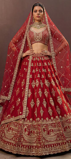 Red and Maroon color Lehenga in Silk fabric with Embroidered, Sequence work