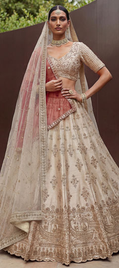 White and Off White color Lehenga in Silk fabric with Embroidered, Sequence work