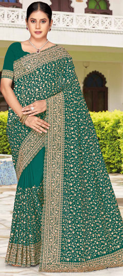 Green color Saree in Georgette fabric with Embroidered, Zari, Zircon work