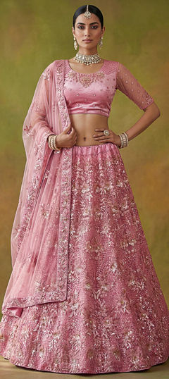 Pink and Majenta color Lehenga in Net fabric with Embroidered, Sequence, Thread work