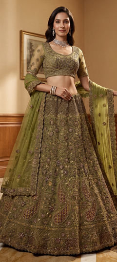 Green color Lehenga in Net fabric with Embroidered, Sequence, Stone, Thread, Zari, Zircon work