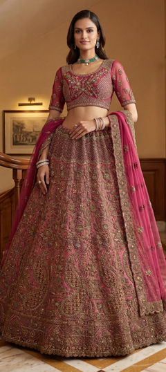 Pink and Majenta color Lehenga in Net fabric with Embroidered, Sequence, Stone, Thread, Zari, Zircon work