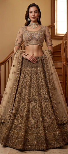 Beige and Brown color Lehenga in Net fabric with Embroidered, Sequence, Stone, Thread, Zari, Zircon work