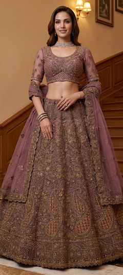 Purple and Violet color Lehenga in Net fabric with Embroidered, Sequence, Stone, Thread, Zari, Zircon work
