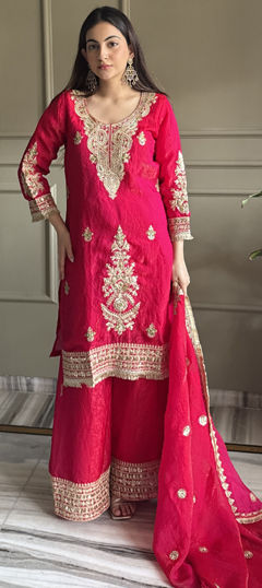 Pink and Majenta color Salwar Kameez in Satin fabric with Embroidered work