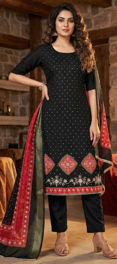 Black and Grey color Salwar Kameez in Rayon fabric with Digital Print, Embroidered work