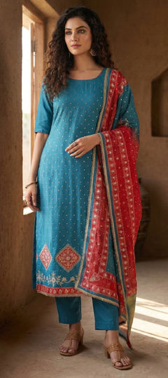 Blue color Salwar Kameez in Rayon fabric with Digital Print, Embroidered work