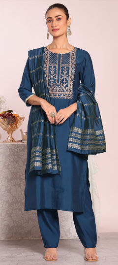 Blue color Salwar Kameez in Poly Silk fabric with Embroidered work