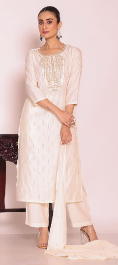 White and Off White color Salwar Kameez in Poly Silk fabric with Embroidered work