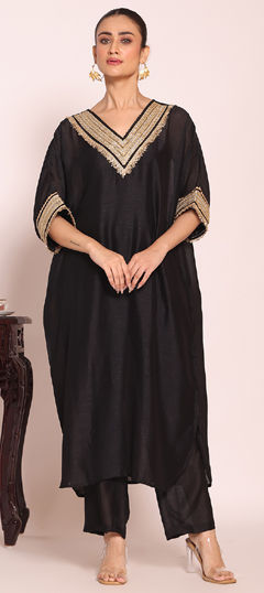 Black and Grey color Salwar Kameez in Poly Silk fabric with Embroidered work