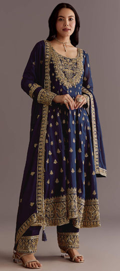 Blue color Salwar Kameez in Chinon Silk fabric with Embroidered, Sequence work