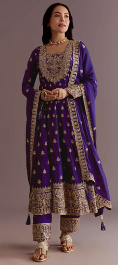 Purple and Violet color Salwar Kameez in Chinon Silk fabric with Embroidered, Sequence work