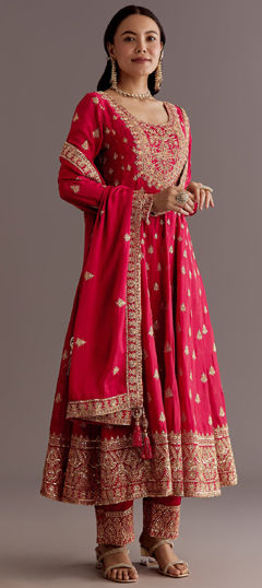 Red and Maroon color Salwar Kameez in Chinon Silk fabric with Embroidered, Sequence work