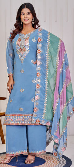 Blue color Salwar Kameez in Faux Georgette fabric with Embroidered, Sequence work