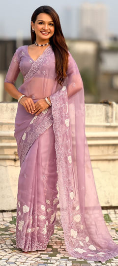 Purple and Violet color Saree in Kota Silk fabric with Embroidered, Thread work
