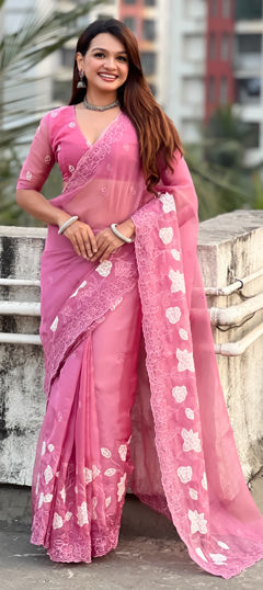 Pink and Majenta color Saree in Kota Silk fabric with Embroidered, Thread work