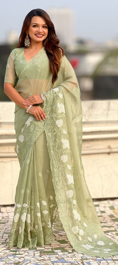 Green color Saree in Kota Silk fabric with Embroidered, Thread work