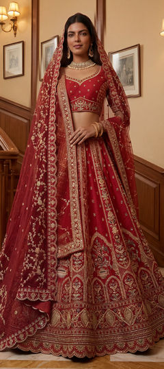 Red and Maroon color Lehenga in Silk fabric with Embroidered, Lace, Sequence, Thread, Zari work