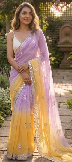 Purple and Violet, Yellow color Saree in Crushed Silk fabric with Cut Dana, Moti, Sequence work