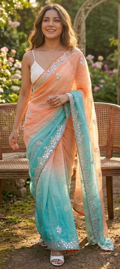 Blue, Orange color Saree in Crushed Silk fabric with Cut Dana, Moti, Sequence work